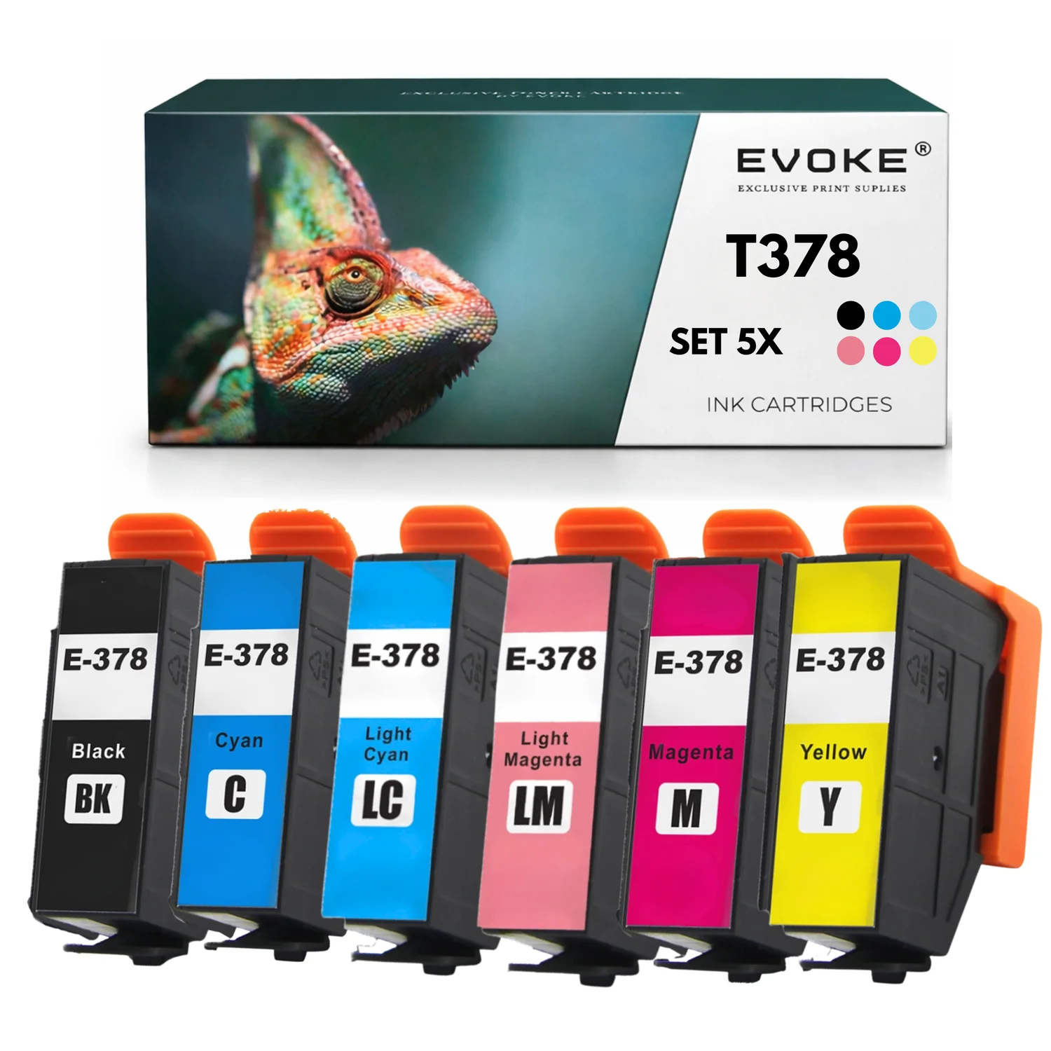 Evoke Compatibele Inkt voor Epson T3781 T3782 T3783 T3784 T3785 T3786 378XL 6X: Zwart, Cyaan, Magenta, Geel, Lichtcyaan, Lichtmagenta 78 ml Expression Photo Xp-8500 8505 8600 8605 8700, Xp-15000