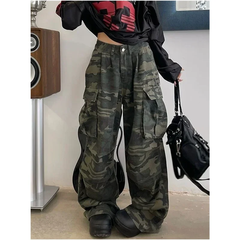 Military Green Womens Jeans High Waist Vintage Straight Baggy Y2K Denim Pants Hip Hop American Fashion Wide Leg Denim Trouser