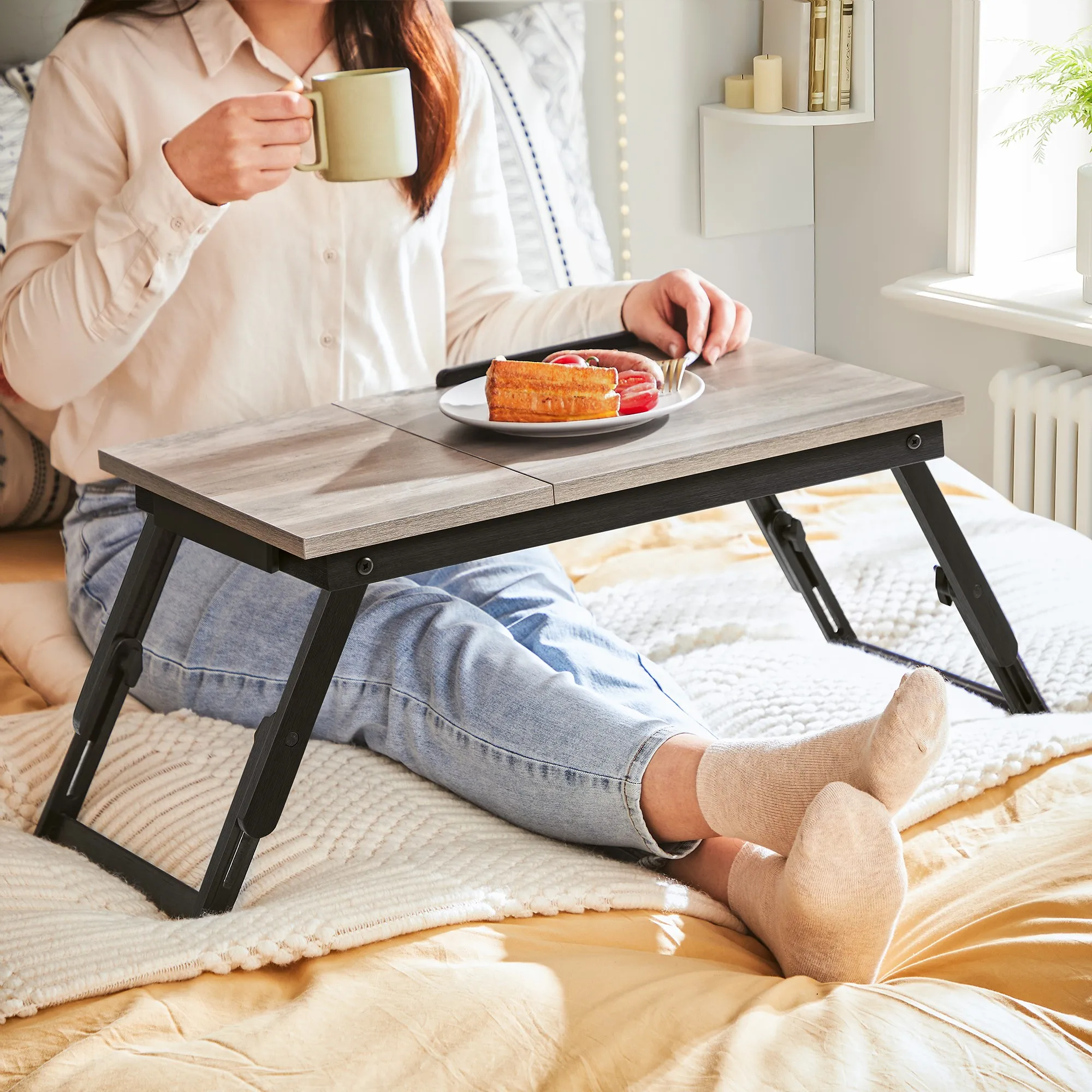 SONGMICS Laptop Desk for Bed with Adjustable Tilting Top, Breakfast Serving Tray with Height Folding Legs