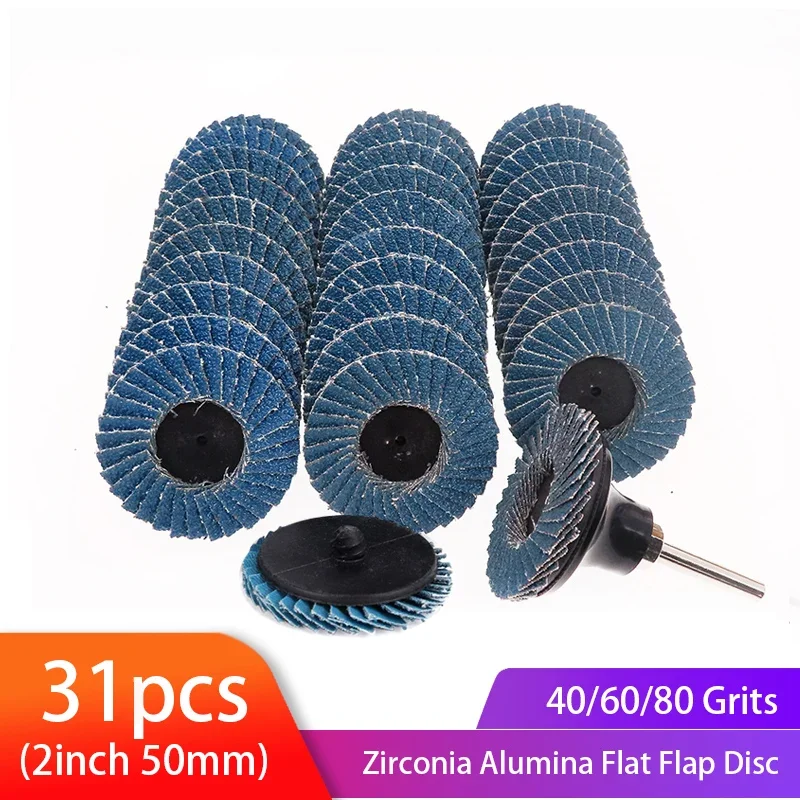 31pcs 2Inch Zirconia Alumina Flat Flap Disc Roll Lock Grinding Sandpaper Wheels with 1/4 inch Holder 40/60/80 Grit