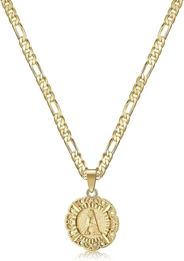 

Initial Necklaces for Women, 14K Gold Plated Round Letter Pendant Capital Monogram Necklace Alphabets from A-Z Figaro Ch