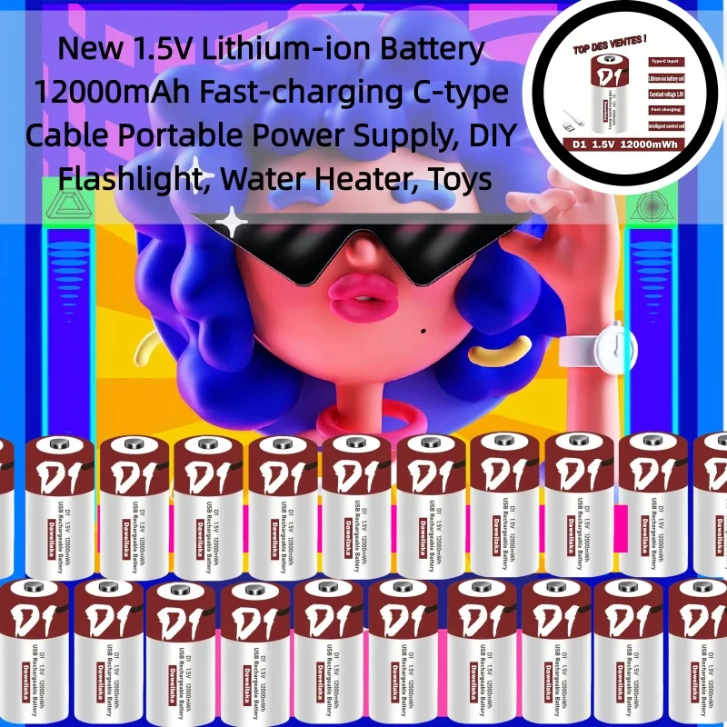 

New 1.5V Lithium-ion Battery 12000mAh Fast-charging C-type Cable Portable Power Supply, DIY Flashlight, Water Heater, Toys