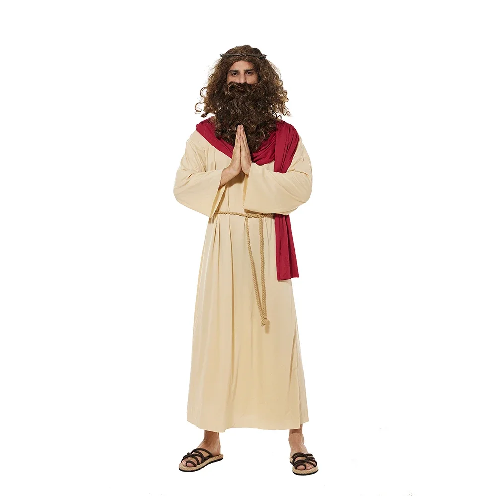 Adult Jesus Halloween Costume Men's Biblical Religious Saint Robe with Wig Cosplay Carnival Easter Purim Fancy Dress