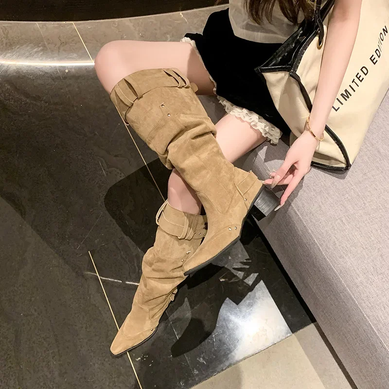 Women's Long  Summer 2025 New Large Tube High  Pointed Toe Thick Heel Western Cowboy Knight  over Knee Boot