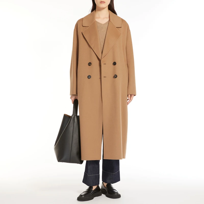 Modern Minimalist Camel Wool Coat for Women - Custom Knee-Length Double Breasted Workwear