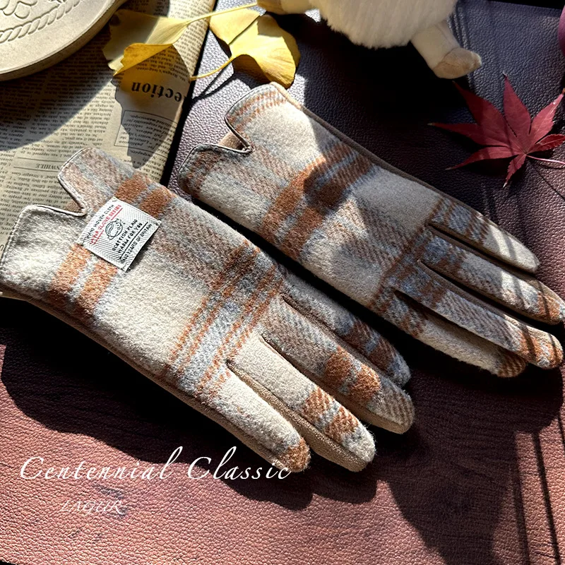 2024, японские зимние теплые перчатки для вождения с сенсорным экраном, женские твидовые перчатки в клетку в стиле ретро, спортивные велосипедные варежки