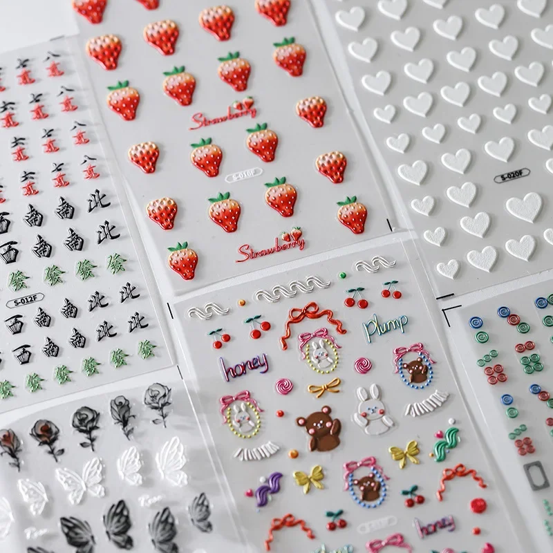 Chinese Mahjong Cartoon Strawberry Bear Rabbit Cute 5D Soft Embossed Reliefs Self Adhesive Nail Art Sticker Mini Manicure Decals