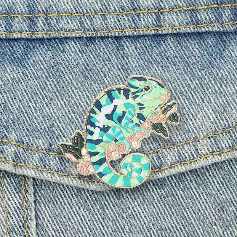 Colorful Chameleon Badge Cute Reptile Lizard on Floral Branch Enamel Pins Cartoon Nature Animal Brooch Accessories Decor Gift