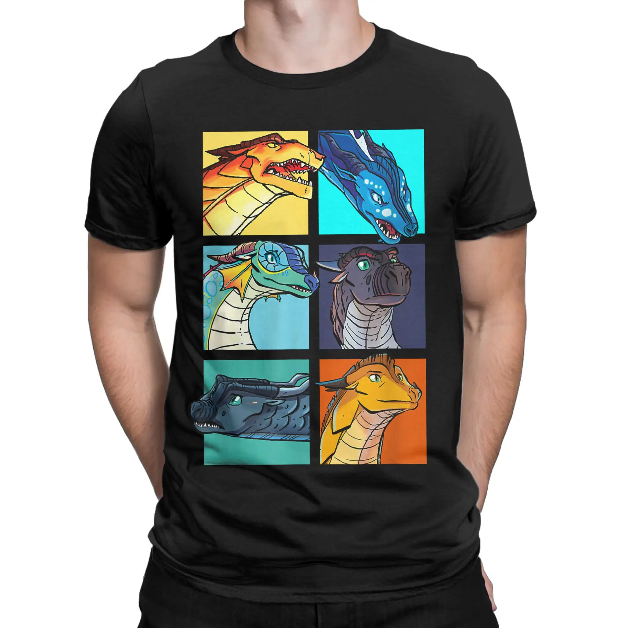 Novelty Wings of Fire Character Squares T-Shirt for Men Round Neck Pure Cotton T Shirts Dragons Short Sleeve Tees Gift Idea Tops
