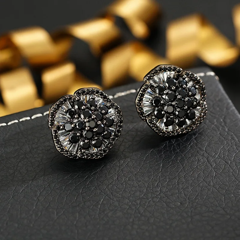 

Vintage fashion classic micro set black flowers with zircon earrings stud earrings for women‘s girl party gift jewlry whosale