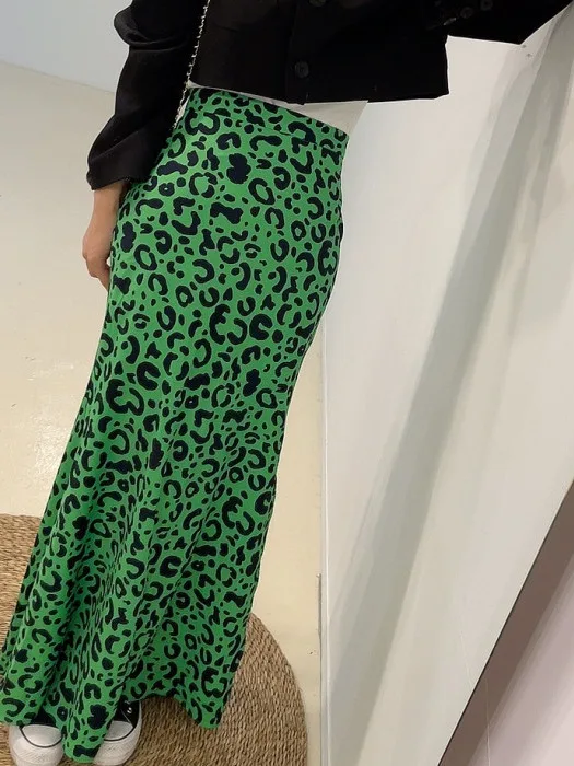 South korea Chic Summer  Design High Waist Slimming Leopard Print Print Split Fishtail Skirt Long dress Women