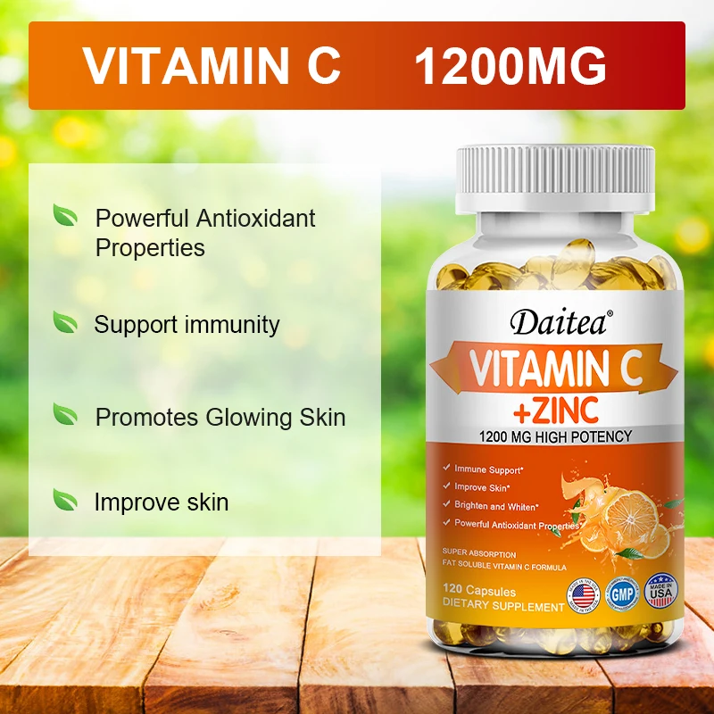 Premium Vitamin C + Zinc Capsules - Antioxidant, Promotes Cellular Energy Production and Collagen, Promotes Skin Health