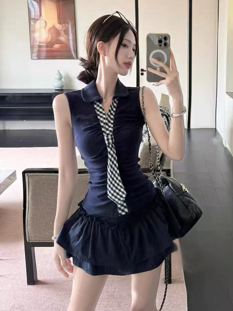 

Plaid Tie Hot Girl Skirt Suit Summer New V Neck Patchwork Sleeveless 2 Piece Set Female High Waist Sweet Preppy A Line Skirts