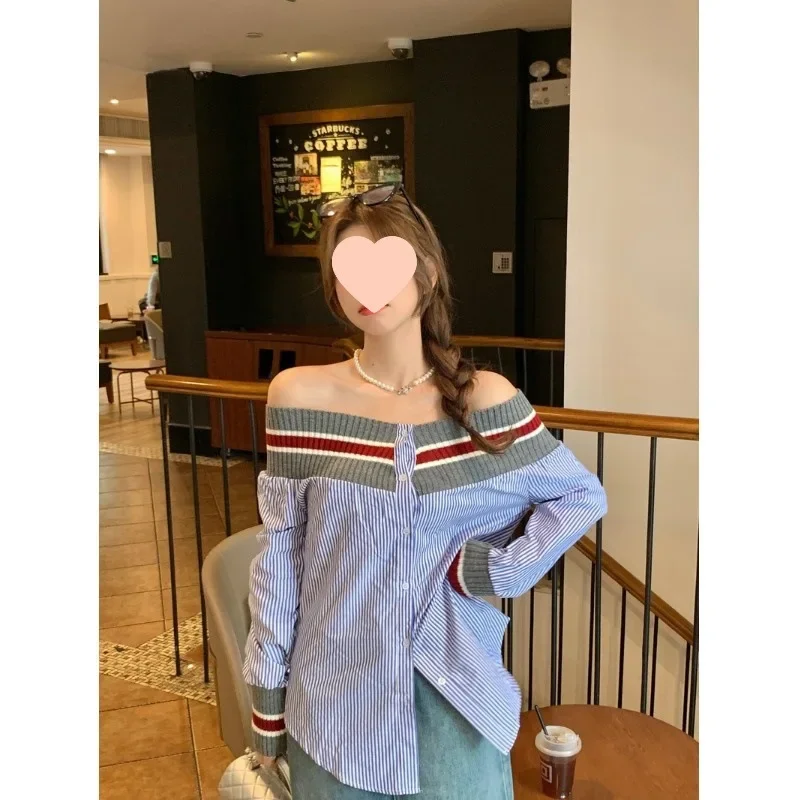 

Early spring and autumn French sexy one-word collar off-the-shoulder shirt women's design sense niche temperament chic striped