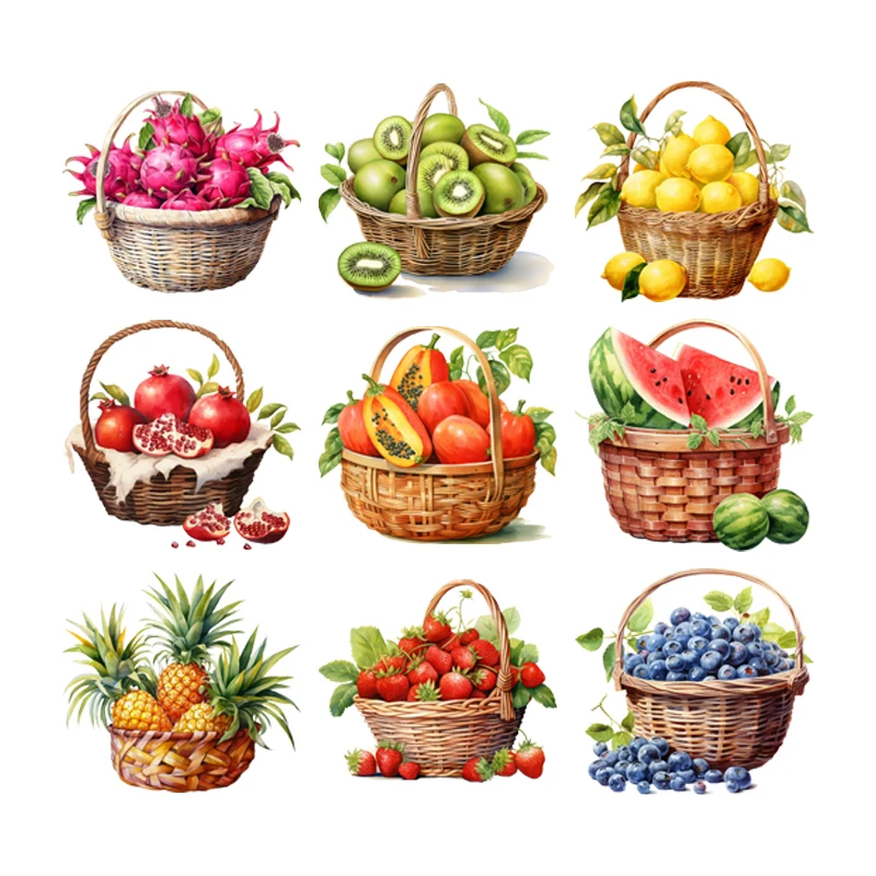 Cute Bamboo basket Fruit Children Heat Transfer Stickers For Clothes DIY DTF Vinyl iron on Appliques Washable T-Shirts Thermal