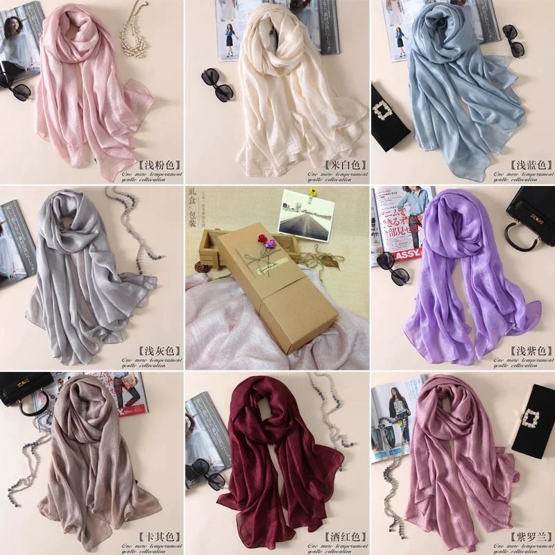 New Pearl Glow Linen Women Scarf Long Length Sun Protection Beach Shawl Cotton Linen Solid Color Wrap Silk Scarf Female