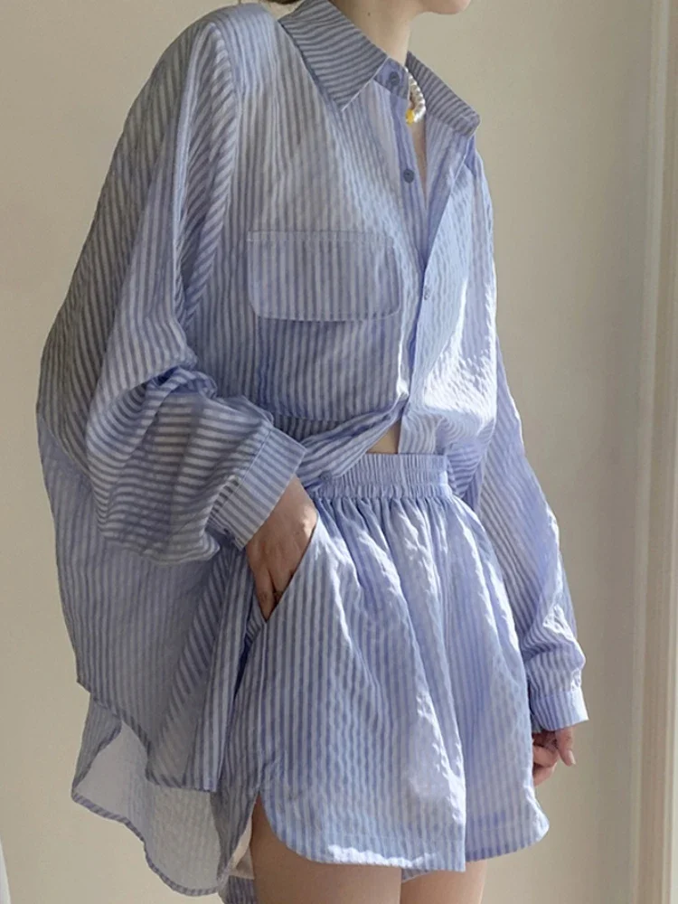 

Party Female Shorts Quick-drying Loose Stripes Shirts & Blouses Women's Short Sets 2 Pieces Novelties Luxury Ensembles Light Kit