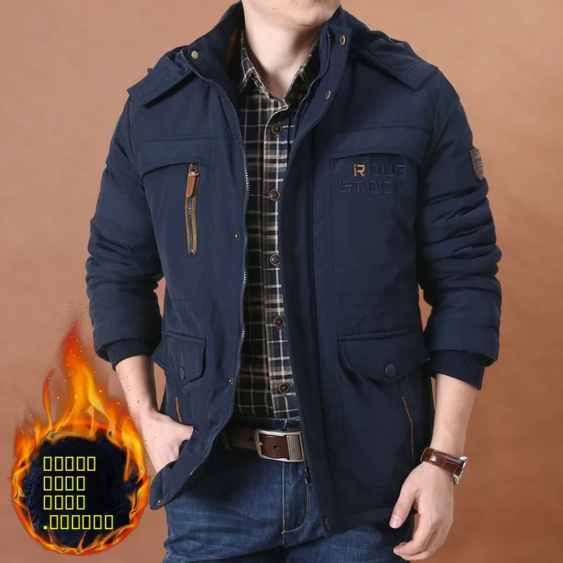 

Men's Autumn Winter Thiened Fce Lined Cotton Jaet Mid-Length Loose Fit Warm Workwear Coat with Multiple kets