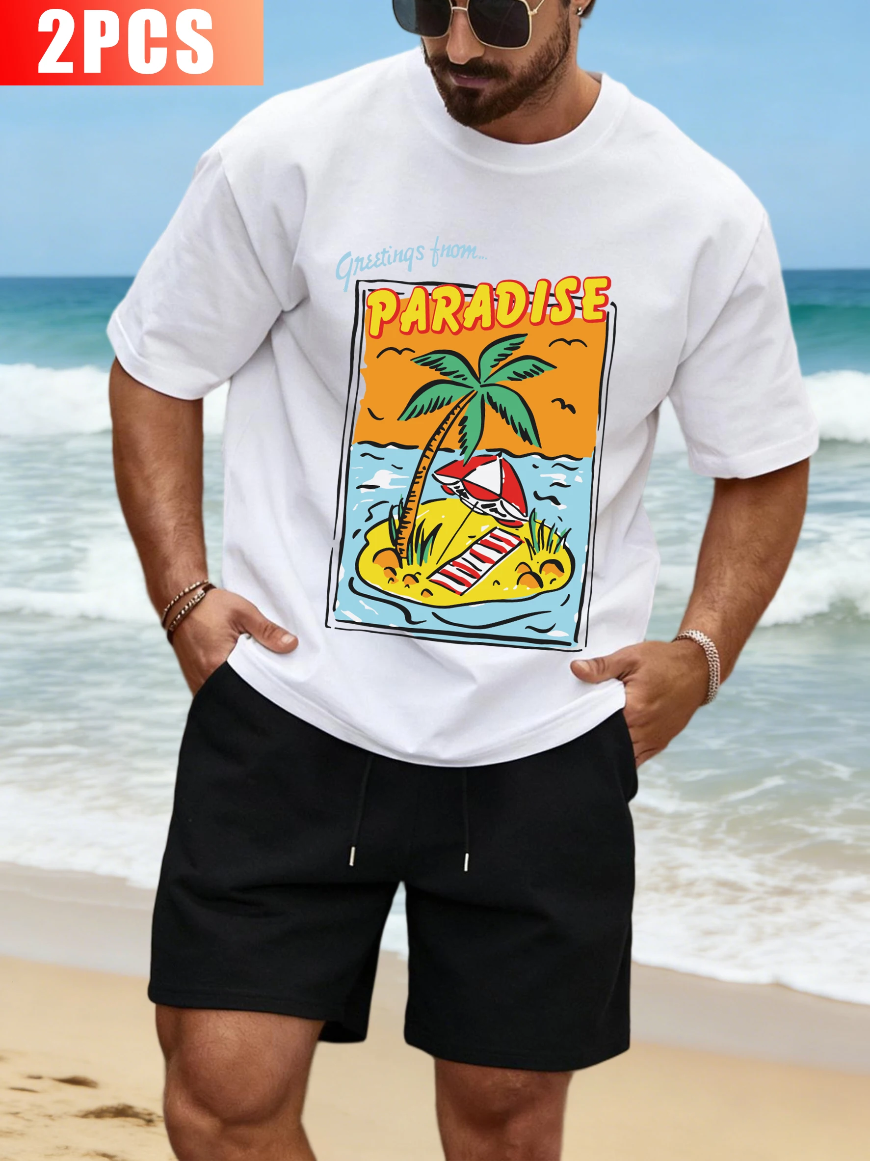

Seaside Island Paradise Prints Man T Shirt Set Fashion Cotton T-Shirts Summer Loose Drawstring Shorts Unisex Short Sleeve Suit