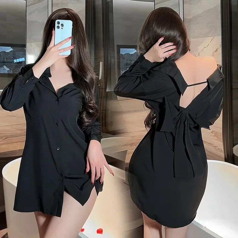 Fashion Sexy Long Sleeved Shirt Boyfriend Shirt Pajamas Loose Thin Sleep Dress Home Wear Women Backless Sleepwear Lingerie Dress