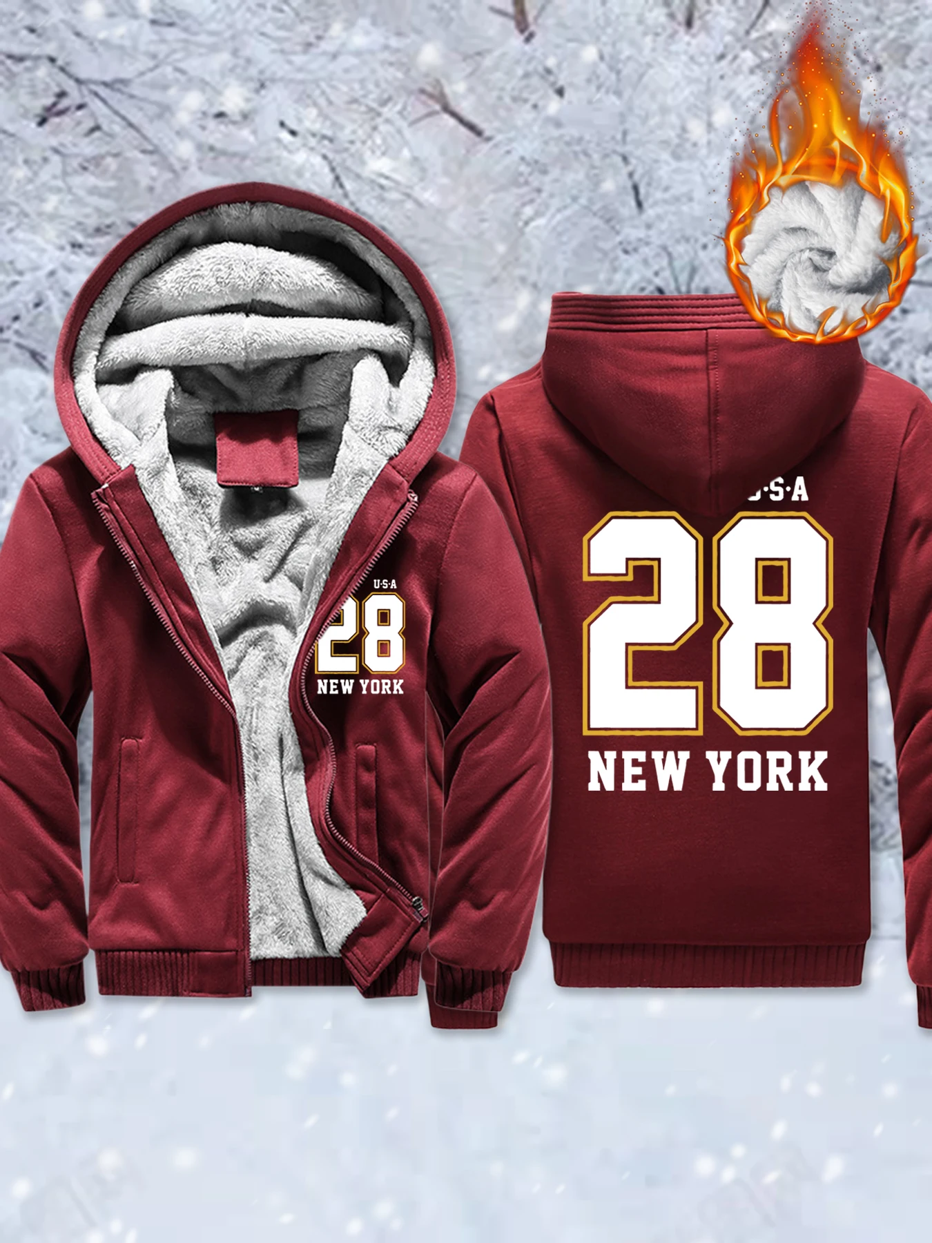 

New York Usa Number 28 Pattern Men'S Soft Fleece Fashion Jackets Basics Winter Hoodie Warm Thicken Coat Zipper Comfy Sportswear