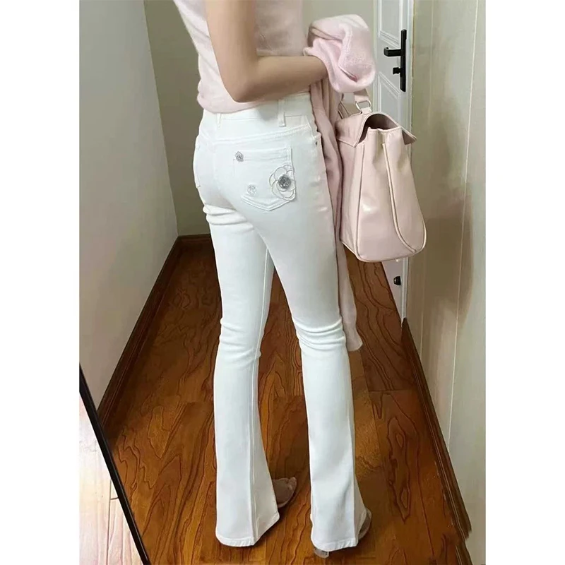Y2K الجينز الأبيض النساء عالية الخصر سليم صالح مستقيم الساق طفيف مضيئة أزياء الخريف القصيرة #5