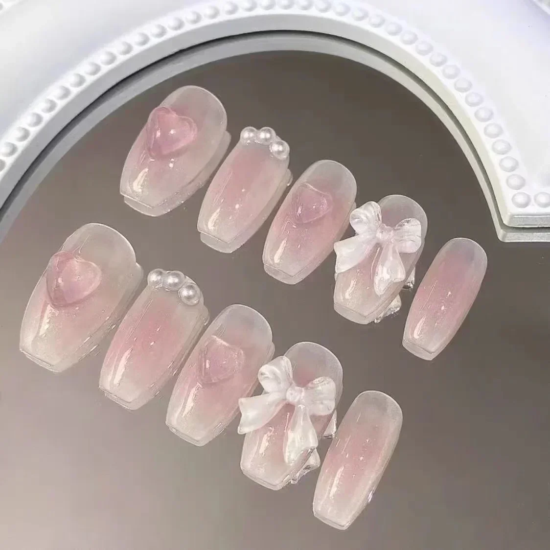 10Pcs Pink French Y2k Nail Tips Long Ballet Handmade Fake Nail Wearable False Nails with Rhinestone Press on Nails Manicure