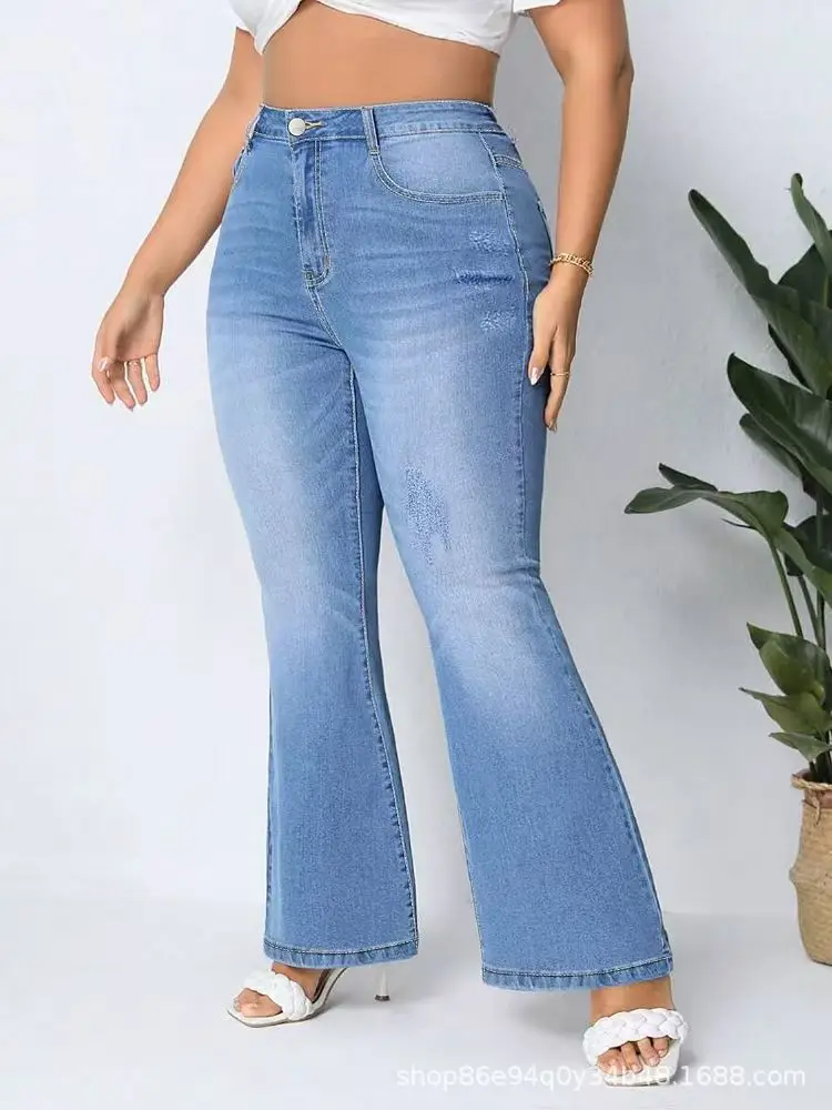 Jean évasé grande taille pour femme, jean skinny extensible bleu clair, pantalon en denim ample rétro décontracté, adapté au quotidien décontracté