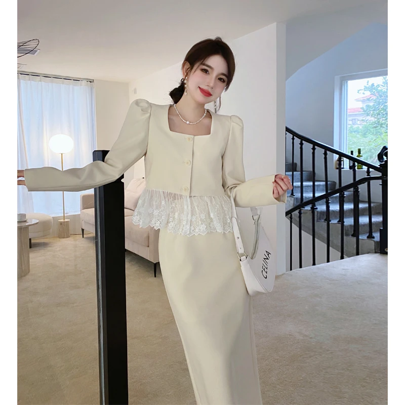 Spring Fall Elegant Temperament Two Pieces Sets Women Square Collar  Lace Patchwork Top+Hight Waist Midi Skirts Suit