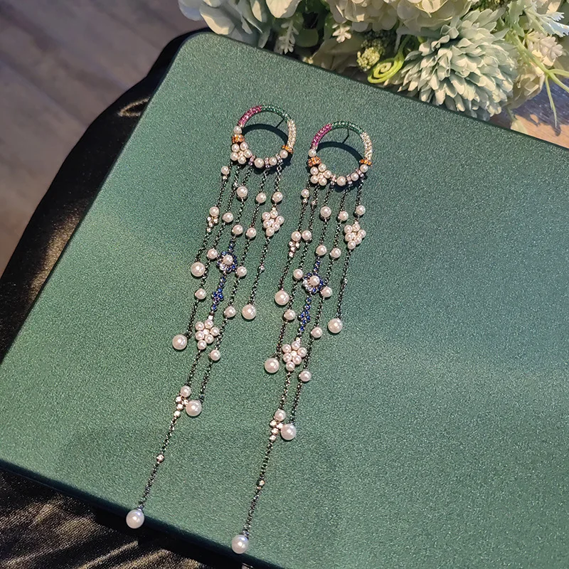 

HIBRIDE Light Luxury Tassel Pearl Multi-color High Quality Pendant Earrings Round Women Jewellery Set Wedding Party Gift E105