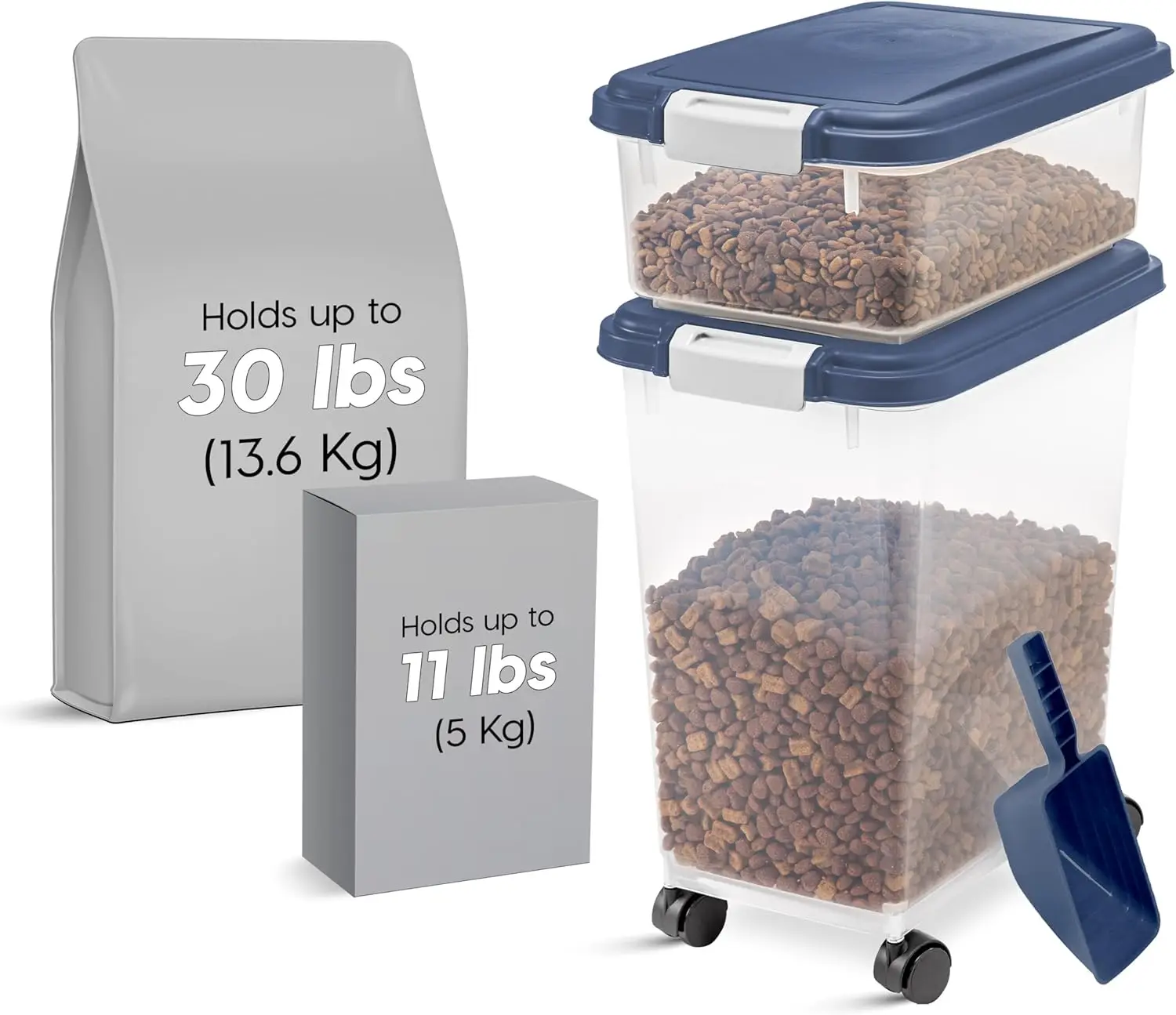 Récipient hermétique de conservation des aliments pour chiens, combo 30 lb et 11 lb avec roulettes et cuillère, empilable pour une mobilité facile en bleu marine