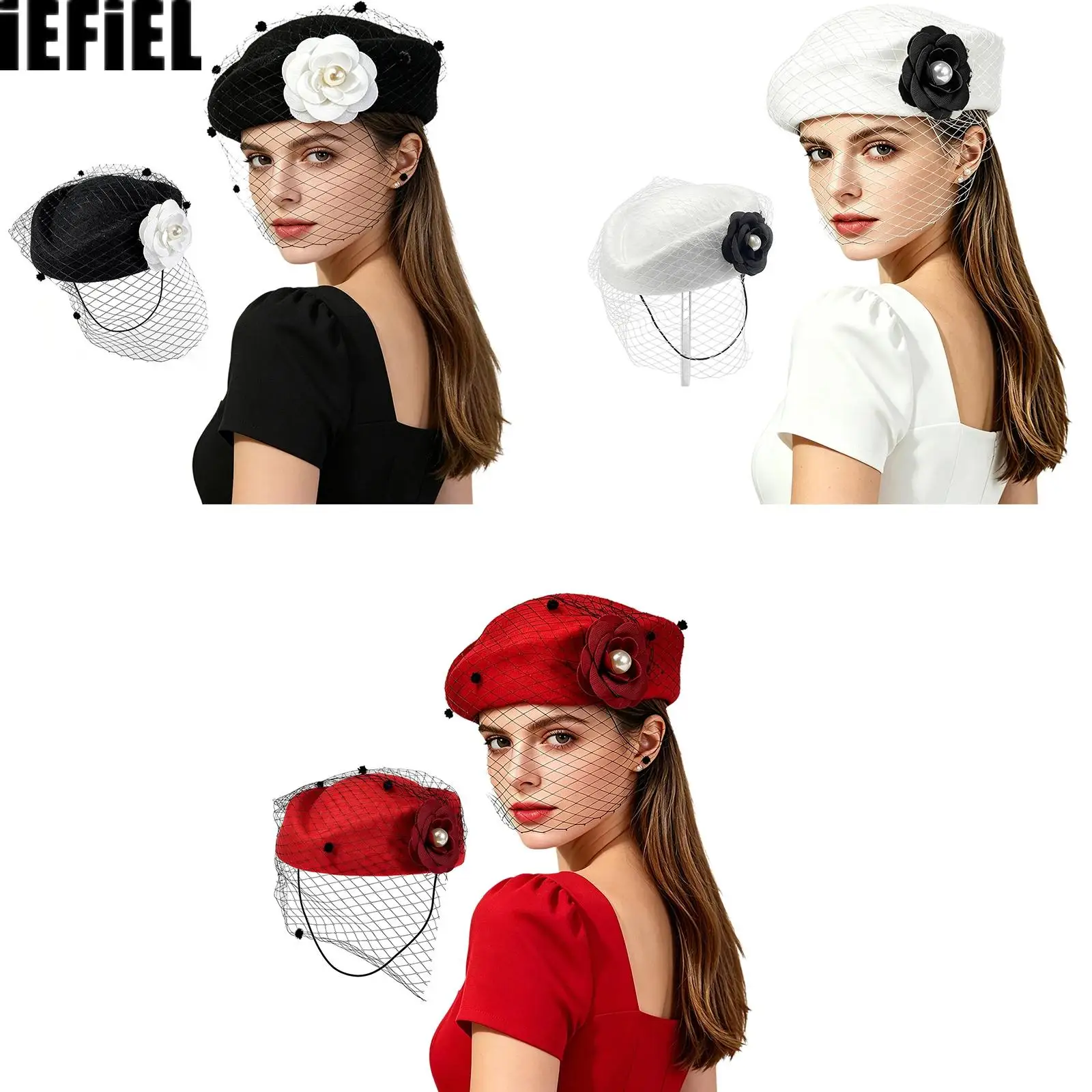 

Vintage Artificial Flower Bridal Headwear Hat French Beret with Veil Pillbox Hats Cocktail for Party Wedding Church Fedora