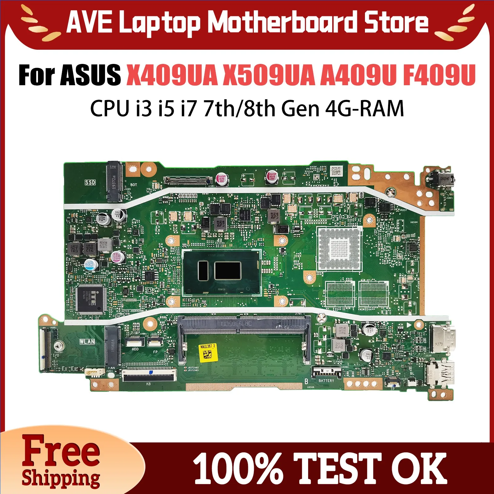 X409UA Laptop Motherboard For ASUS X509UA A409U F409U X409UB X509UB Mainboard With CPU i3 i5 i7 7th/8th Gen 4G-RAM Tested OK