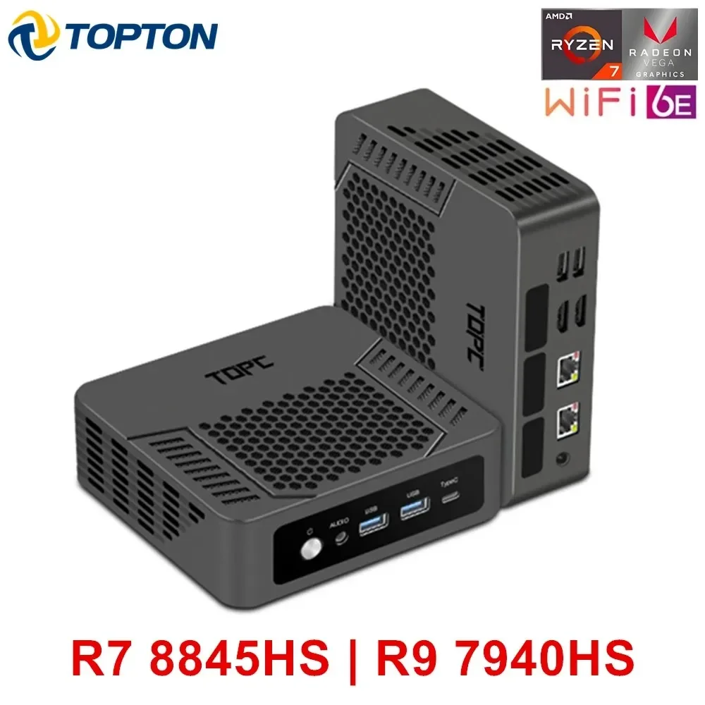 TOPTON New Solid Office Mini PC TOPC AMD R9 8945HS R7 8845HS USB4.0 Dual LAN 2xDDR5 PCIe4.0 Pocket Gaming Mini Computer WiFi6E