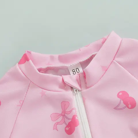 반팔 지퍼 래쉬가드 수영복, 체리 활 프린트 수영복, 집업 목욕 세트