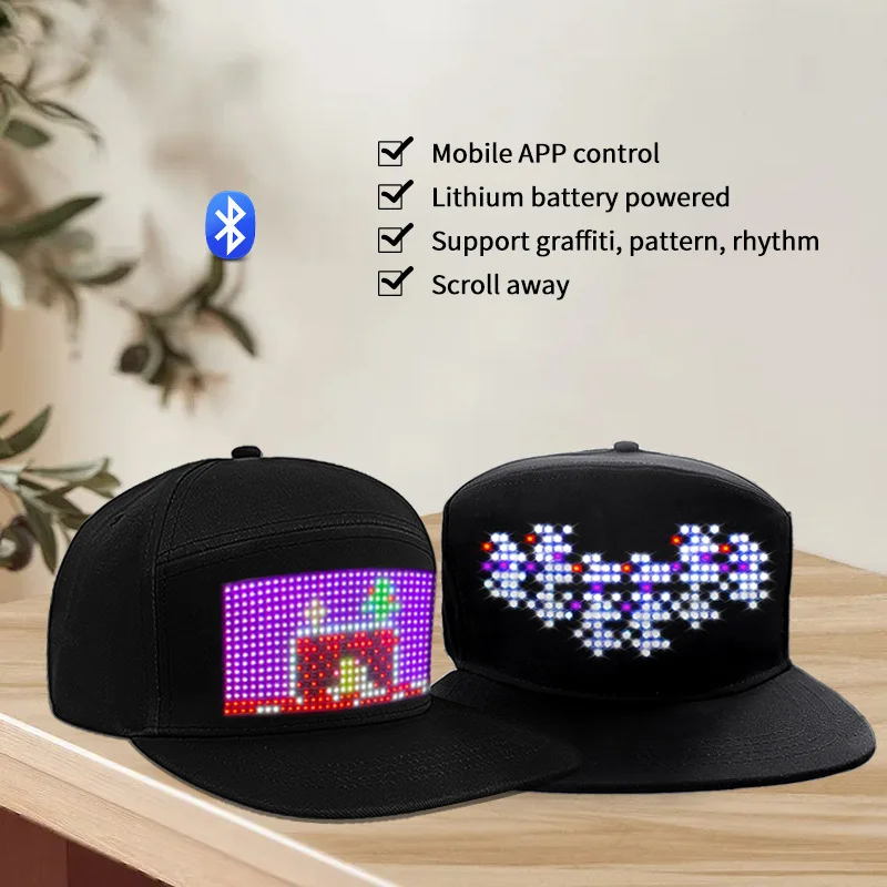 DIY Baseball Cap USB Rechargeable Bluetooth APP Programmable LED Scrolling Message Display Board Hip Hop Street Snapback Hat