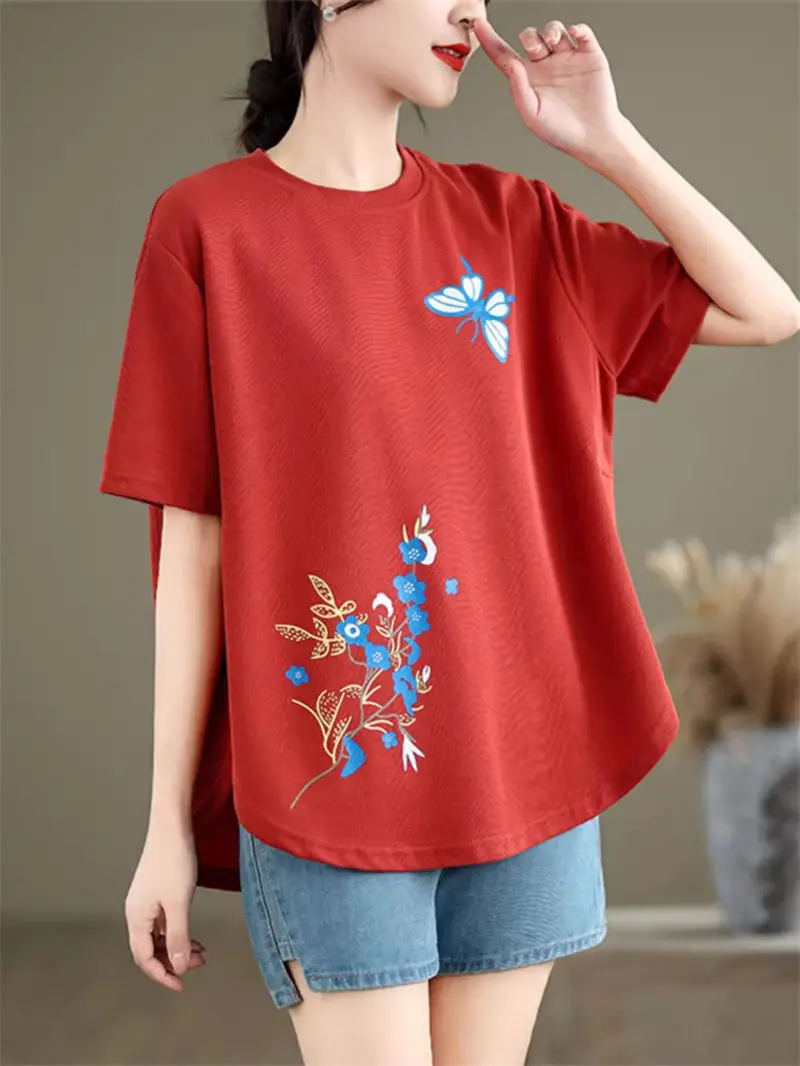 Loose And Minimalist Printed Irregular Short Sleeve Pullover T-Shirt For Women's 2024 Summer Wear Thin Slimming Bottom Top K838