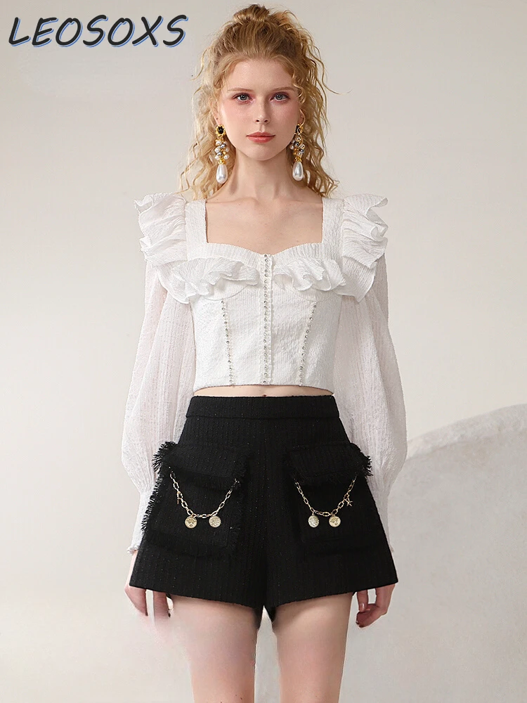 

Designer Model Style Black Shorts Spring New Heavy Industry Metal Chain Tassel High Waist Woolen Short Pants Women Booty Shorts