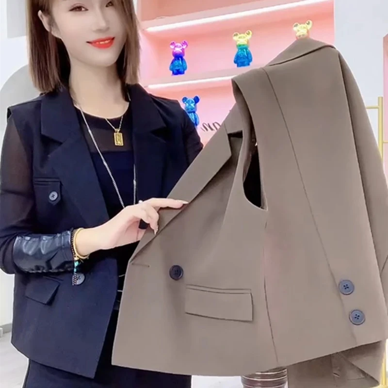 

Korean Women Suit Sleeveless Coat Autumn Ladies Solid Color Blazer Vest Outwear Design Sense Female Fashion Waistcoat Jacket ﻿ ﻿
