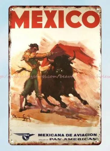 Pan Am Mexico 1950 bullfighting metal tin sign dorm  room  wall hanging decor