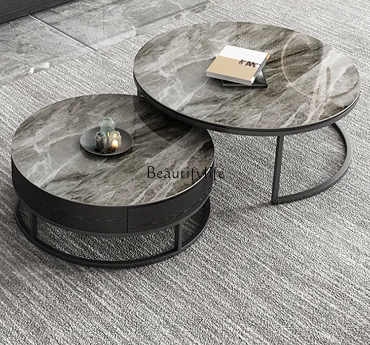 

05-New Italian rock slab coffee table round storage Nordic style light luxury modern simplicity