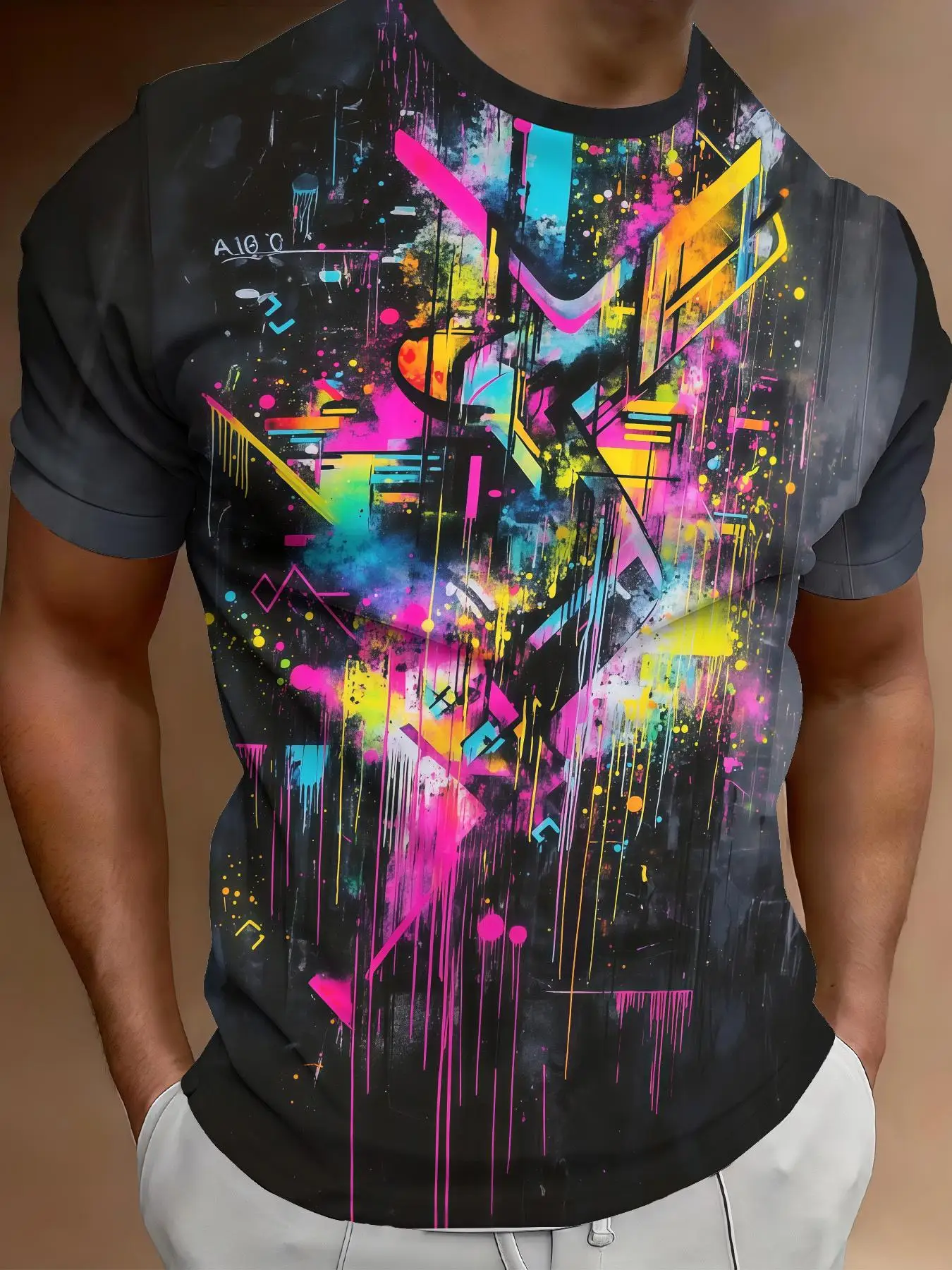Men Neon Graffiti Abstract Paint Splash Print T Shirt Crew Neck Short Sleeve Streetwear Black Casual Summer Tees