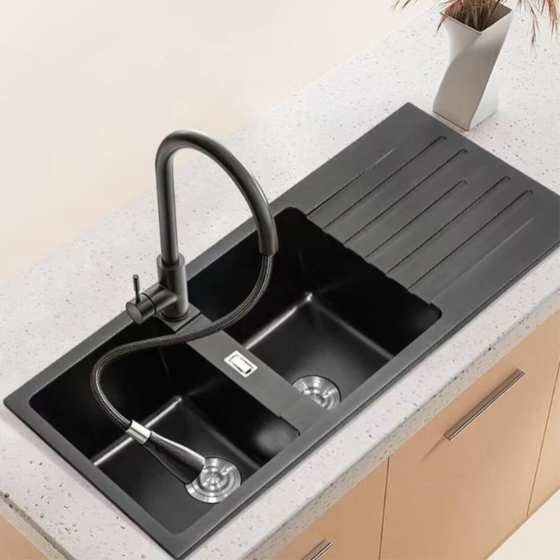 Quartz Kitchen Sink Granite Double Bowl White  Sink with Drain Board, High Material