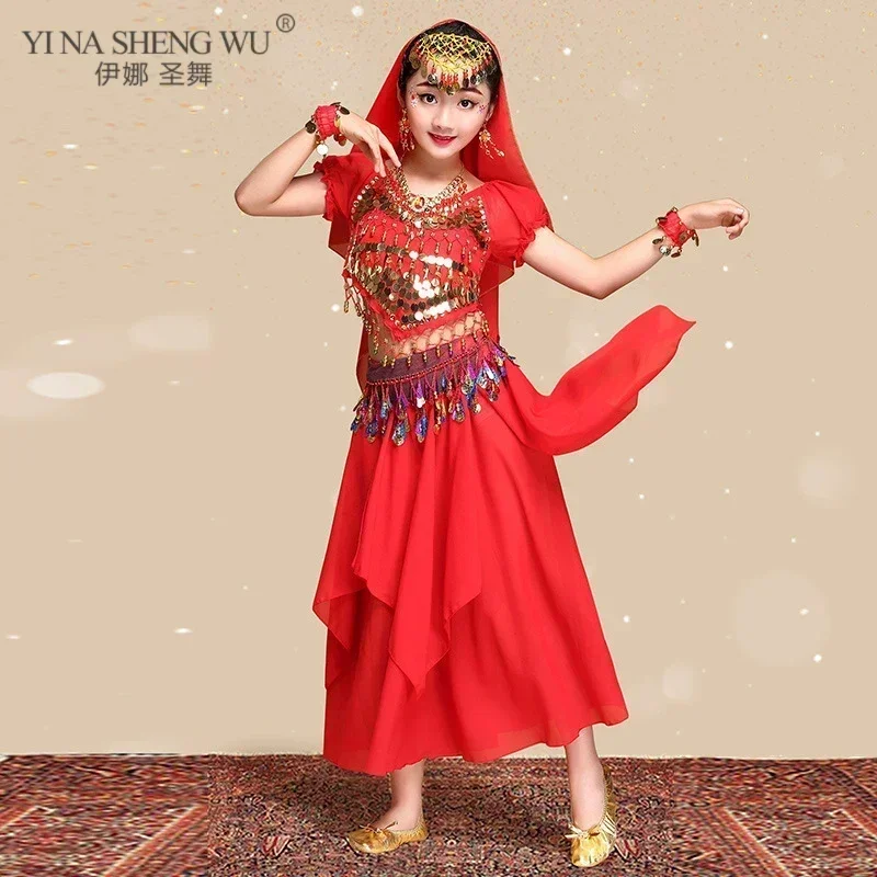 Childrens Belly Dance Costume Girls Indian Performance Outfit Bollywood Practice Clothes Set For Kids Party Celebration Hallowee
