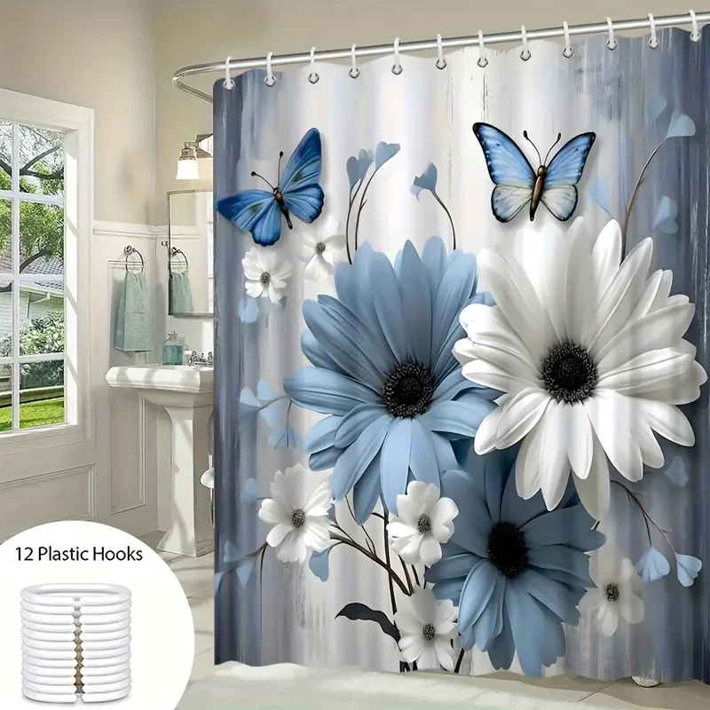 

Blue White Floral Butterfly Shower Curtain Elegant Natural Design Polyester Waterproof for Home Bathroom Decoration Set 1 Pc