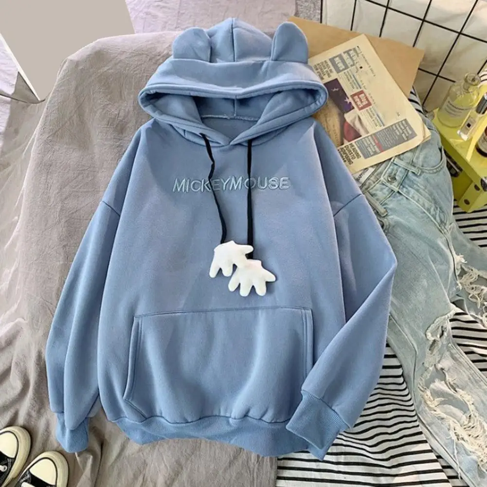 Fall Winter Women Hoodie Cartoon Hand Drawstring Ear Decor Casual Hoodie Letter Embroidery Patch Pocket Loose Pullover Top