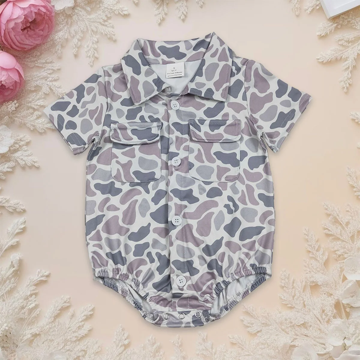 

Newborn Baby Boy Short Sleeve Southern Grey Camo Button Rompers Infant Onesie Kids Bubbles Bodysuit Toddler Cotton Wholesale