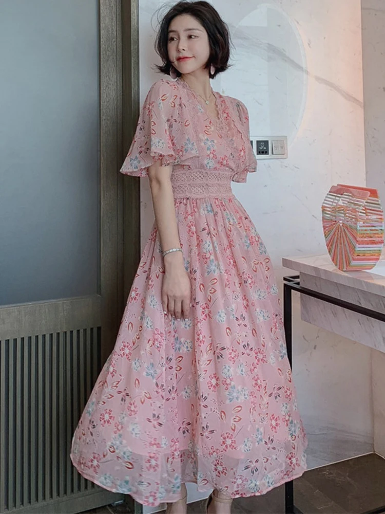 Summer French Romance Vacation Sweet Long Dresses for Women Chiffon Pink Print Floral Butterfly Sleeve Femme Robe Beach Vestido