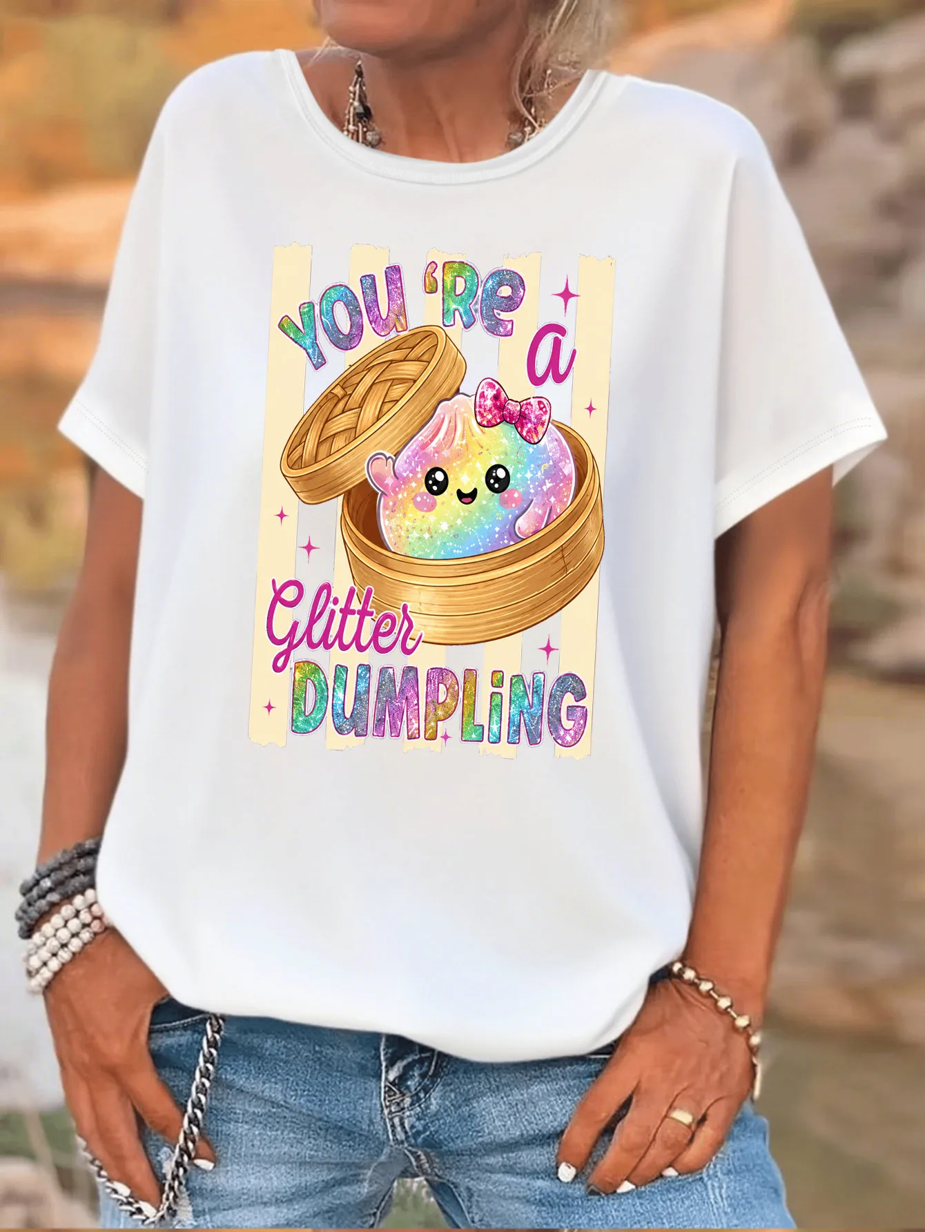 Cute Rainbow Glitter Dumpling In Bamboo Steamer Slogan Art Print Graphic Ladies T Shirt Short Sleeve Crew Neck Casual Tee Tops