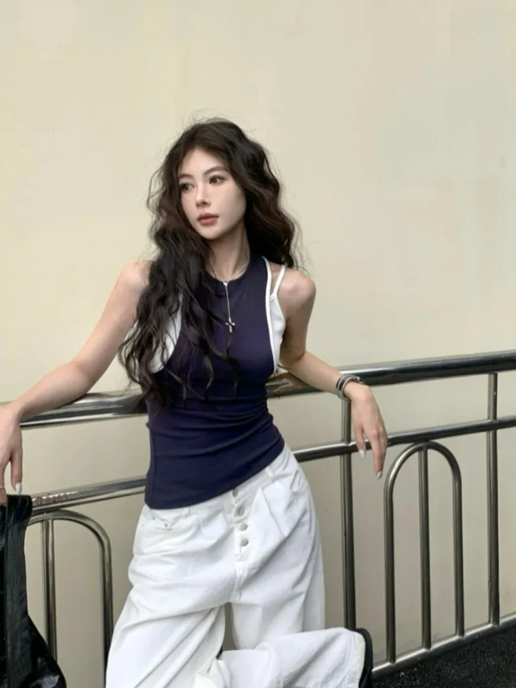 American Hot Girl Fake Two Piece Camisole Women's Summer New Item Contrasting Color Spliced Vest Slim Fit Sleeveless Top